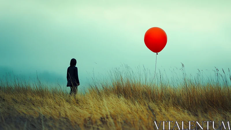 Quiet field daydream with lone figure and red balloon.
