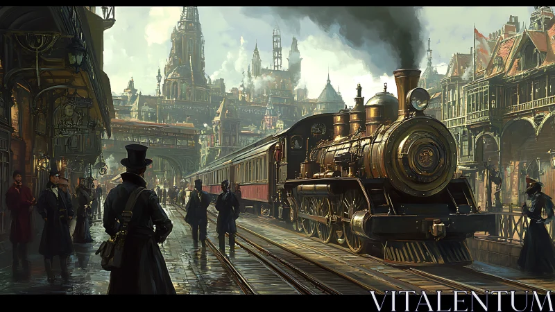 Steam crowned streets pause as a brass locomotive exhales