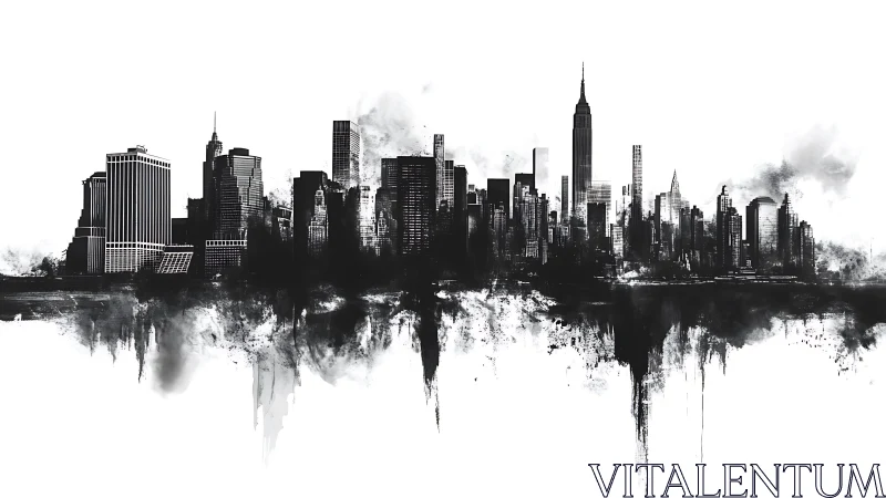 Black ink skyline shows dense high-rise city silhouette
