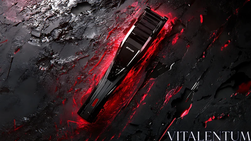 Black device on textured surface with red luminescent effects.