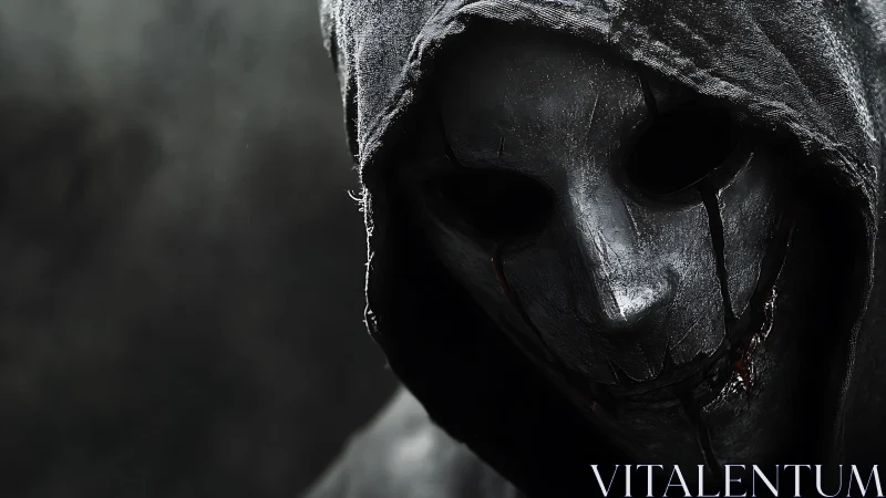 Hooded figure wears cracked metallic mask in dark space