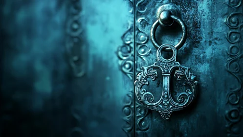 Ornate metal door pull on textured blue-toned surface.