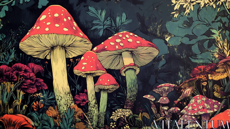 Whimsical red mushrooms glowing softly in a storybook forest.