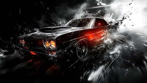 Black muscle car blasting through smoke and splashes at speed.
