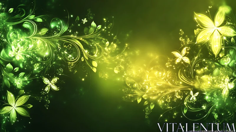 Glowing green floral swirls bringing a dreamy forest light.