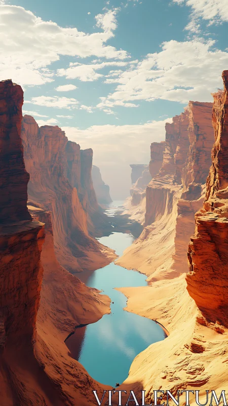Vertical canyon view shows winding blue river between cliffs