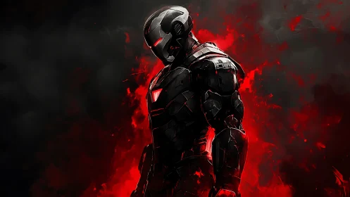 Armored cybernetic warrior emerges from red infernal haze