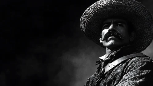 Stoic cowboy in shadowed smoke gazes into distant horizon