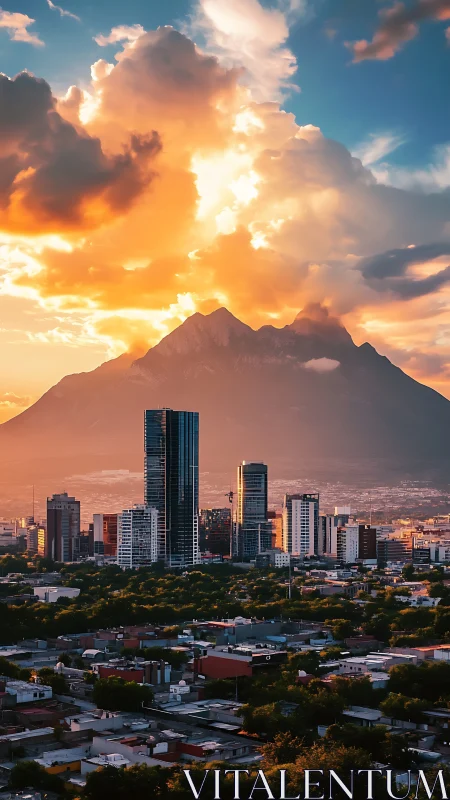 Sunset-lit mountain towers above modern high-rise city skyline