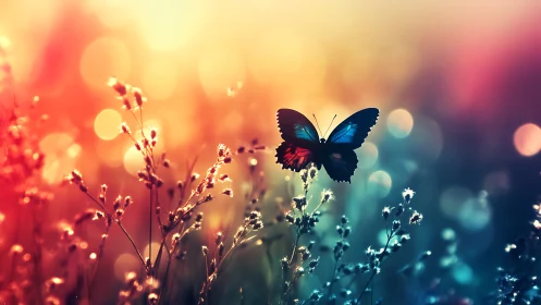 Vibrant butterfly hovers over glowing meadow at sunset light