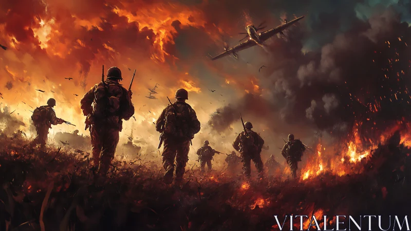 Infantry Squad Advancing Through Inferno Landscape with Aerial Support.