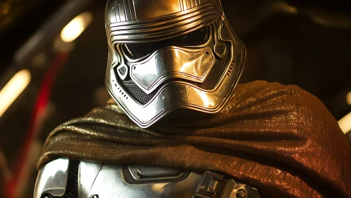 Gleaming sci fi warrior stands ready in polished armor