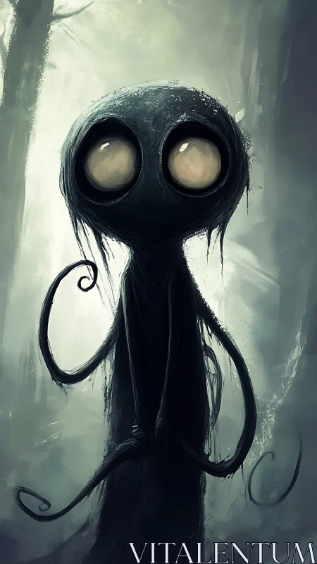 Wide-eyed shadow creature quietly waits in the misty forest