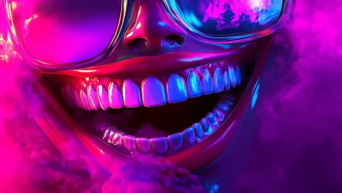 Neon cyberpunk smile with glowing teeth and mirrored shades.