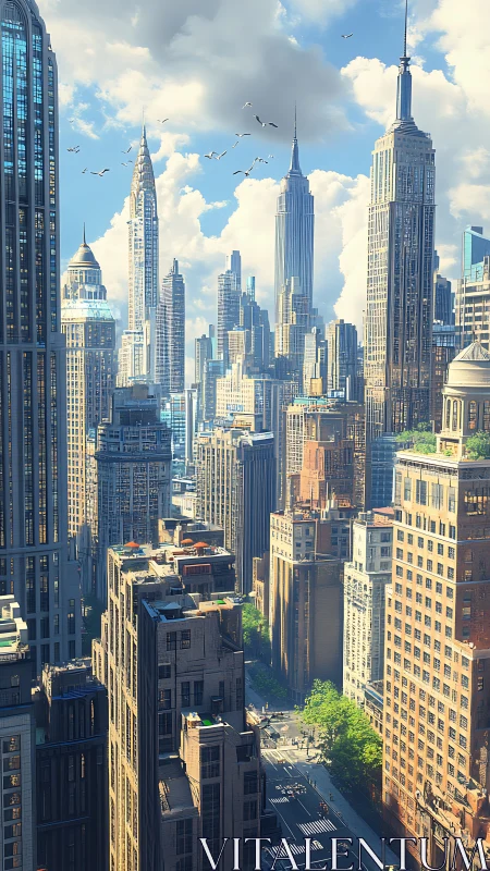Vertical cityscape with dense skyscrapers under daylight sky.