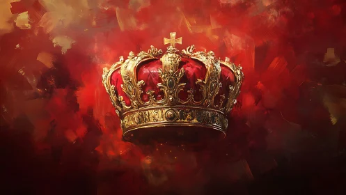 Regal gold crown on red abstract painted background.