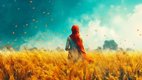 Figure in wheat field under vivid turquoise sky.
