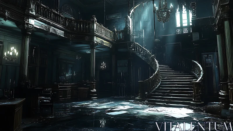 Decaying baroque staircase under volumetric spectral daylight.