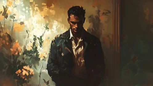 Moody figure in chiaroscuro bloom field, painterly isolation.