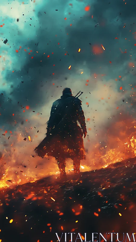 Silhouetted warrior strides through inferno amid dense ember field