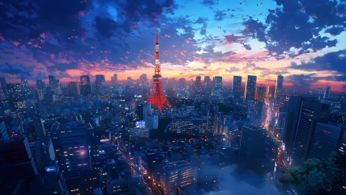 Tokyo tower skyline under vivid anime sunset glow.