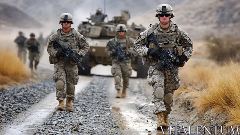 Calm determination on a dusty trail of modern soldiers.