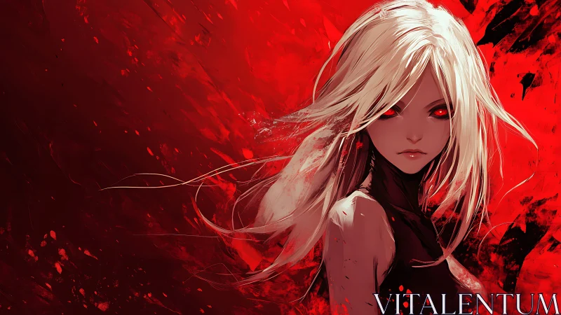 Fierce silver haired heroine stands bold in a crimson storm