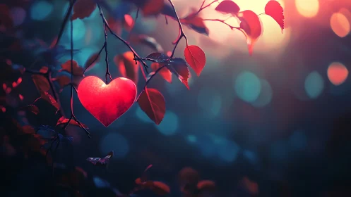 Luminescent Heart-Form Leaf Suspended Against Bokeh Gradient.