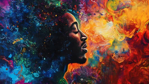 Digital painting portrait in prismatic cosmic color fields.