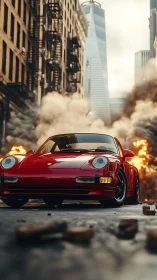 Photorealistic red sports car amid urban explosion scene.