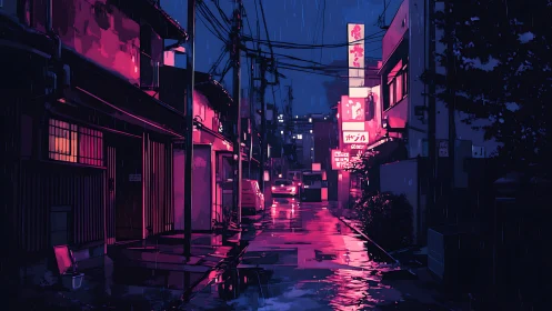 Neon rain paints a quiet city alleyway in soft magenta light