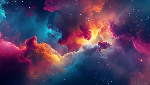 Color-saturated cosmic nebula clouds in deep space scene.