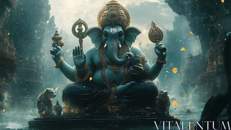 Elephant-headed deity seated in ornate misted temple space.