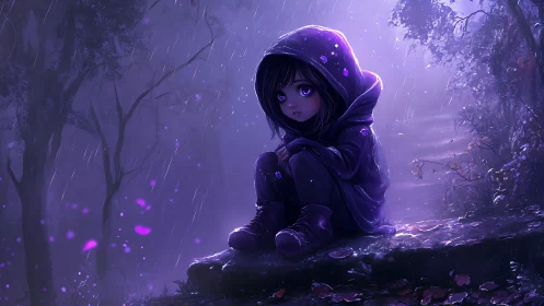 Melancholic hooded girl in violet rainlit forest scene.