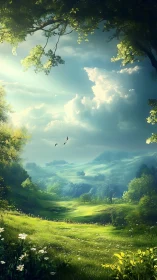 Sunlit valley meadow with distant hills and scattered trees.