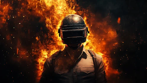 Helmed firewalker emerges from a storm of digital flames.