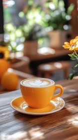 Yellow coffee cup with latte art on wooden caf&eacute; table.