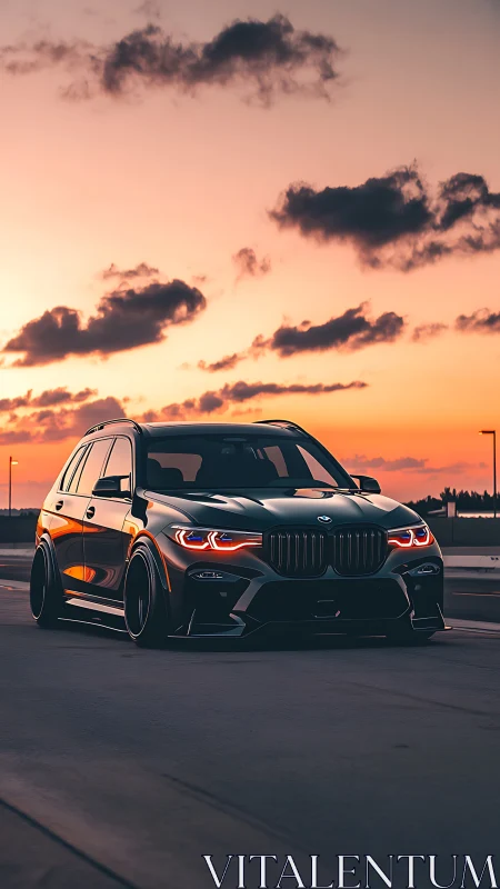 Lowered BMW SUV at sunset rendered in glossy photoreal detail