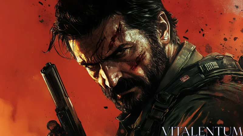 Battle-hardened soldier stares forward amid blazing chaos.