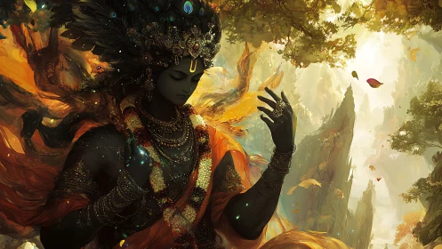 Mystic forest deity dancing in rivers of golden light.