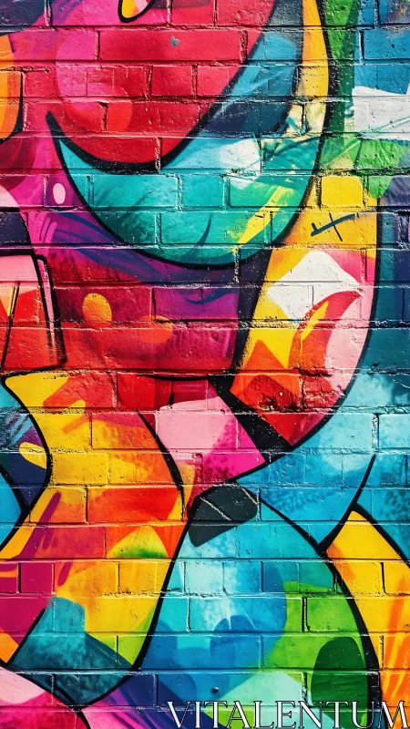 Vibrant graffiti mural on brick wall with bold abstract curves.