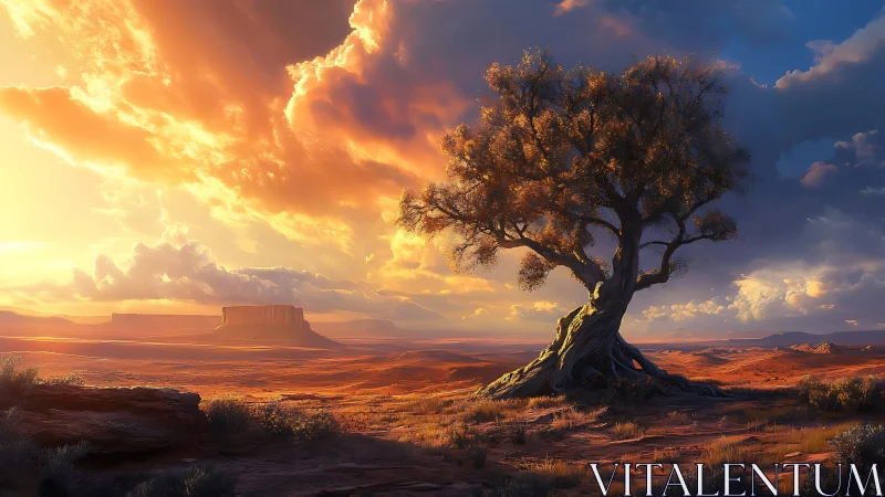 Solitary desert tree under dramatic sunset sky.