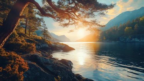 Sunlit fjord shoreline with high dynamic range water reflections