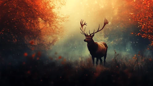 Majestic stag pauses in glowing autumn forest haze