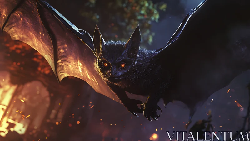 Cinematic 3D bat creature in ember lit nocturnal flight.