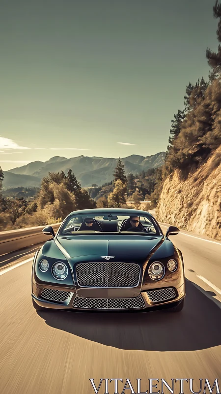 Luxury coupe powers along sunlit mountain highway at speed