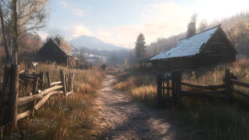 Sunlit rustic homestead path rendered in soft photorealism