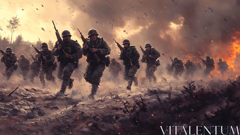 Infantry squad advances through artillery smoke under dynamic firelight