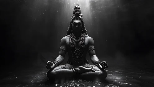 Monochrome meditative deity statue in seated lotus pose.