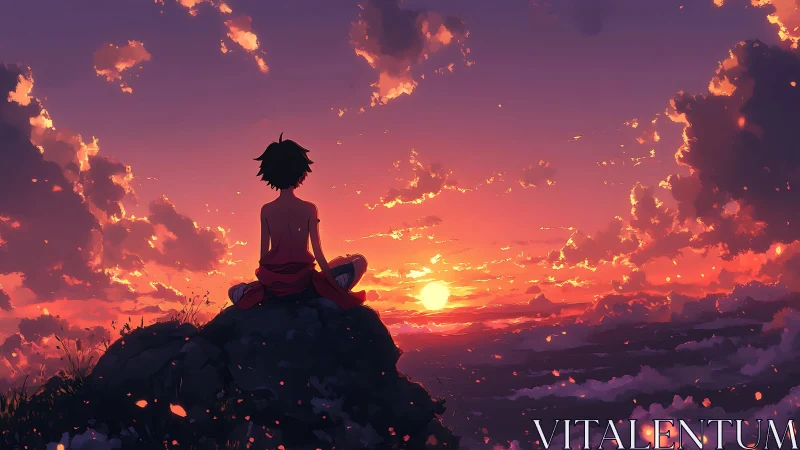 Solitary figure contemplates a blazing anime sunset sky